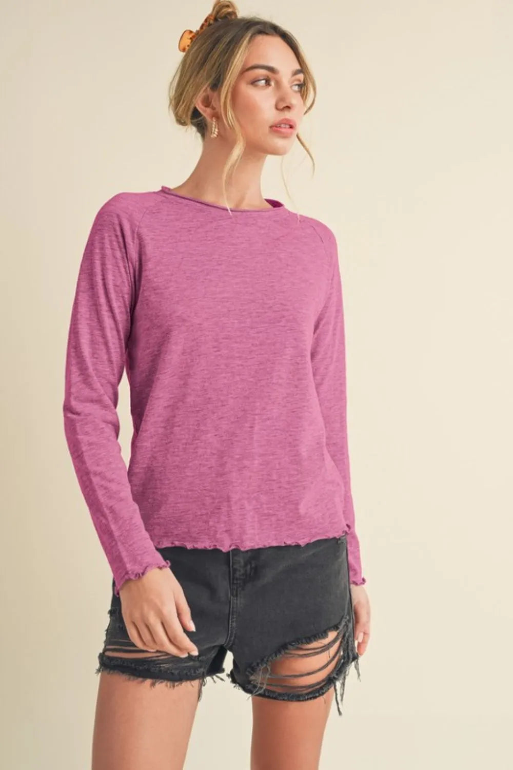 Lettuce Hem Long Sleeve Shirt in Purple with Casual Style for Everyday Wear