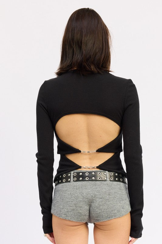 Emory Park Long Sleeve Ribbed Top with Chain Detail featuring a stylish open back design