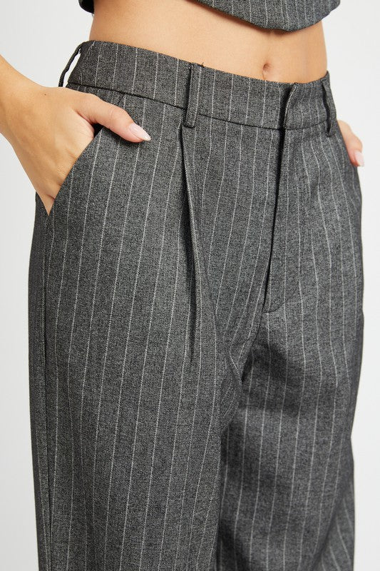 Emory Park Loose Fit Pinstripe Pants in gray with white stripes and side pockets