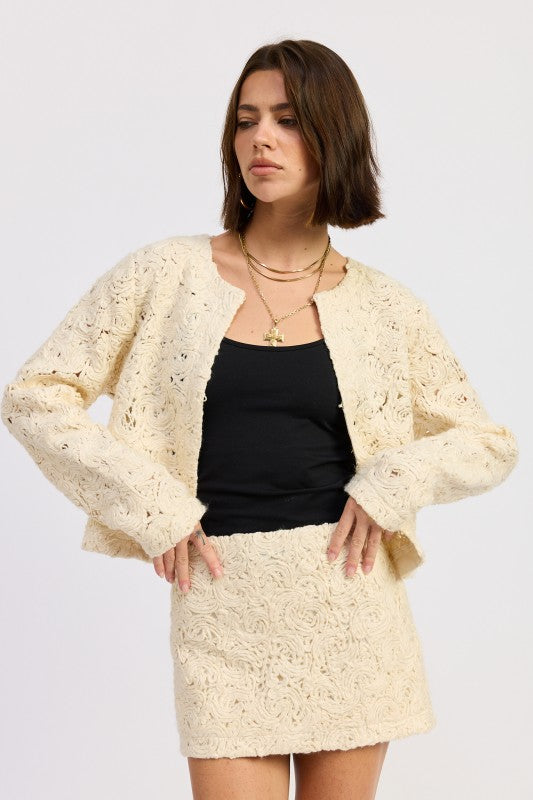 Emory Park Macrame Cropped Jacket in Cream with Open Front and Long Sleeves for Stylish Layering
