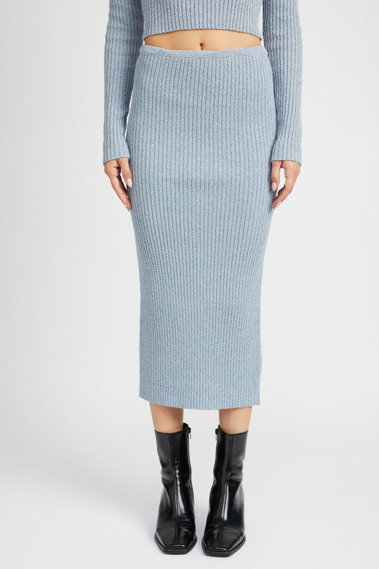 Emory Park Maxi Knit Skirt With Back Slit in light blue pencil ribbed fabric paired with black ankle boots