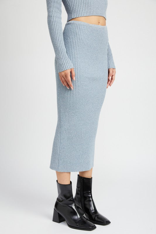 Emory Park soft blue Maxi Knit Skirt With Back Slit paired with matching cropped sweater and black ankle boots