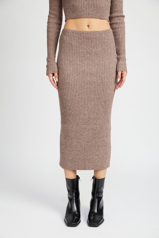Emory Park Maxi Knit Skirt With Back Slit in taupe worn with matching top and black ankle boots