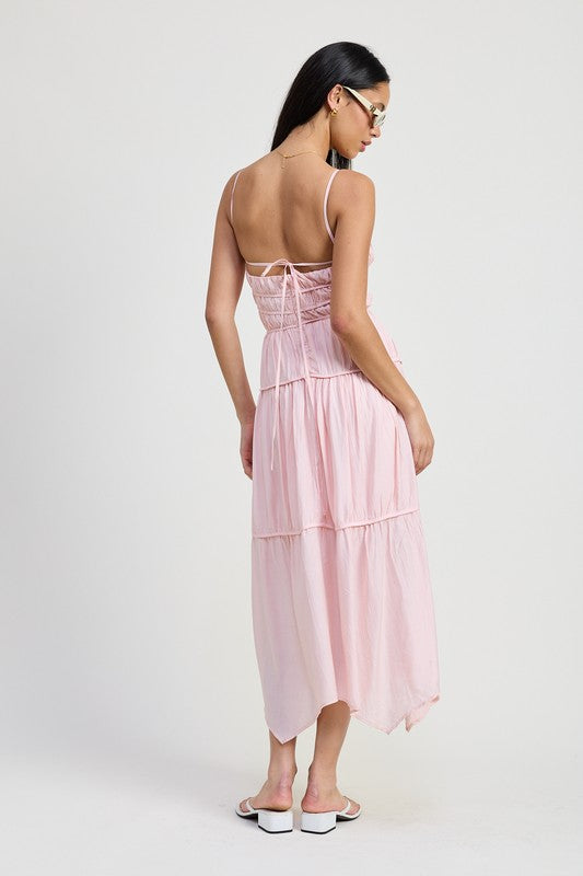 Emory Park Maxi Ruffle Tie Back Dress in soft pink with tiered skirt and tie back detail