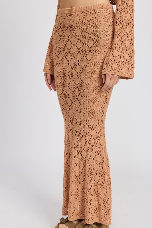 Emory Park Mermaid Maxi Crochet Skirt in tan with intricate openwork pattern and fitted flare silhouette