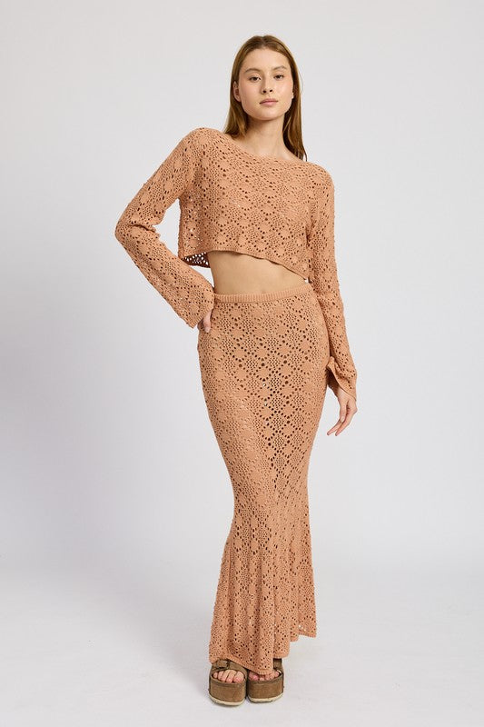 Emory Park Mermaid Maxi Crochet Skirt in light brown worn with matching long sleeve crochet top