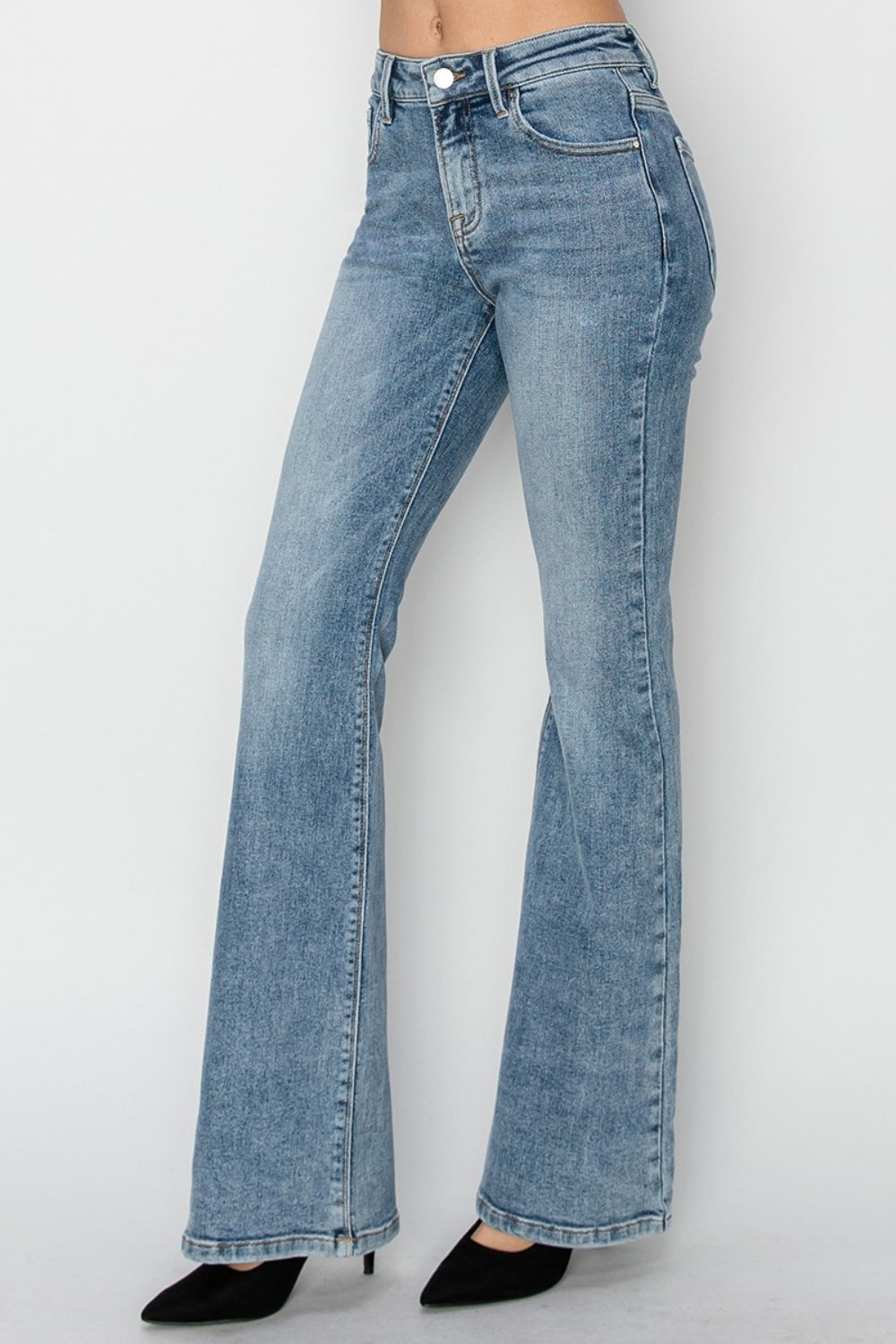 Light wash mid-rise bootcut jeans designed for a stylish and comfortable fit