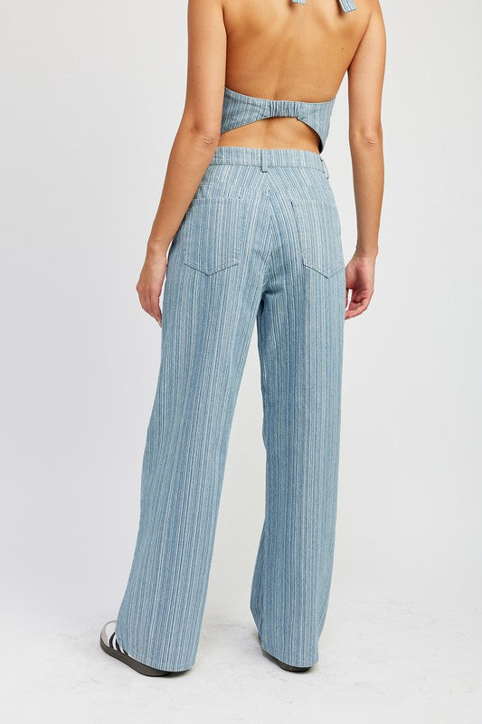 Emory Park mid rise wide leg pants in light blue vertical stripe pattern on model back view