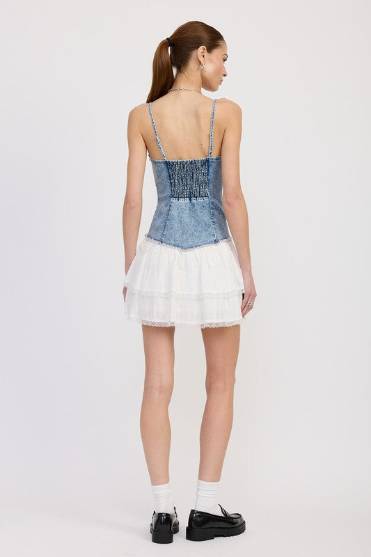 Emory Park Mini Corset Denim Dress with adjustable straps and smocked back detail
