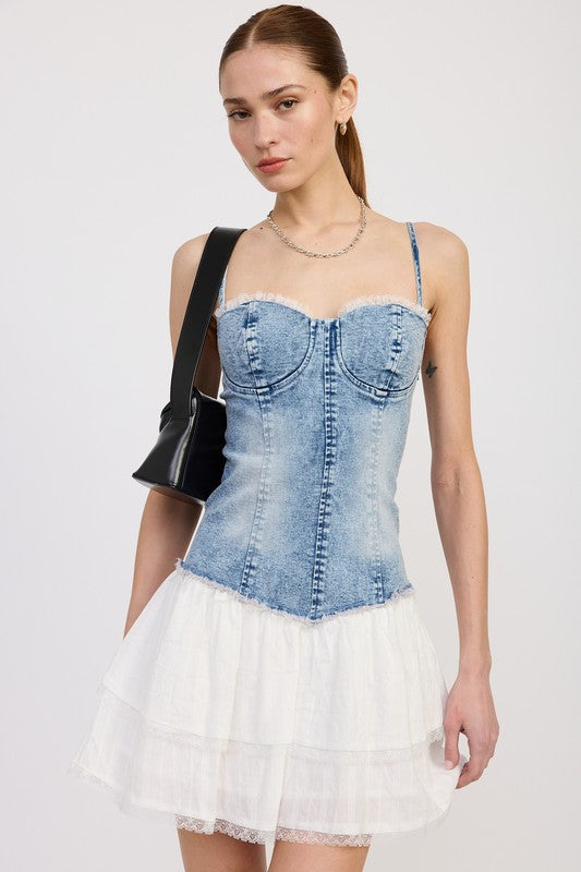Emory Park Mini Corset Denim Dress with fitted bodice and thin straps paired with white skirt