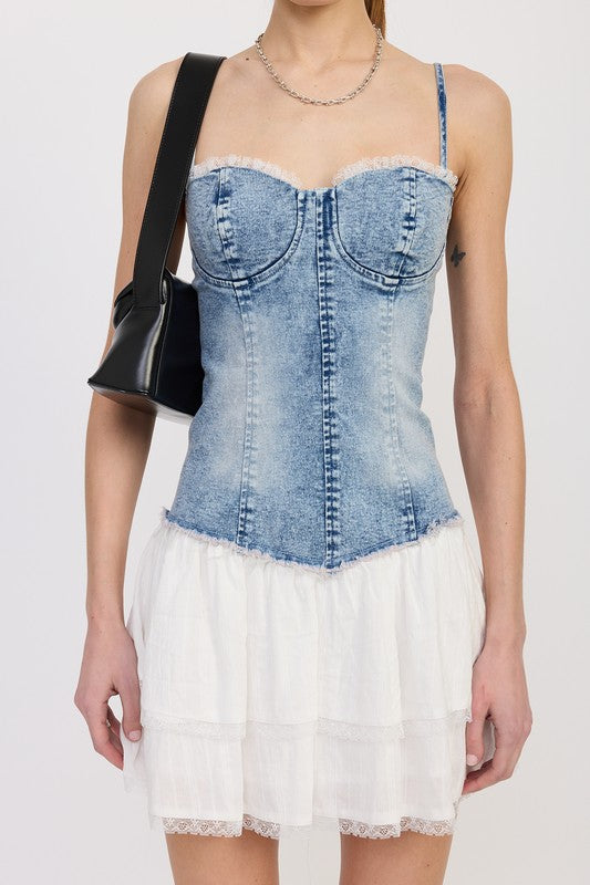 Emory Park Mini Corset Denim Dress with fitted bodice and white tiered skirt detail