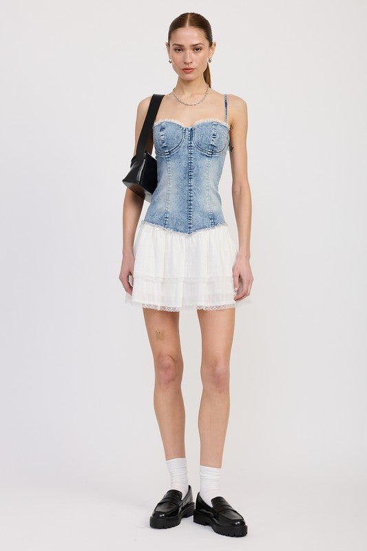 Emory Park Mini Corset Denim Dress with fitted bustier top and white ruffled skirt