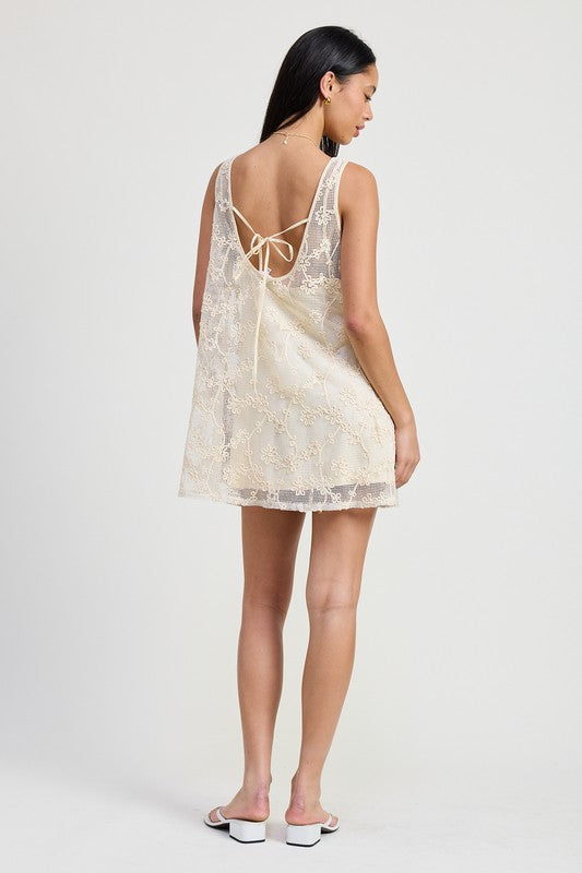 Emory Park Mini Floral Crochet Dress in cream featuring delicate lace and open back tie detail