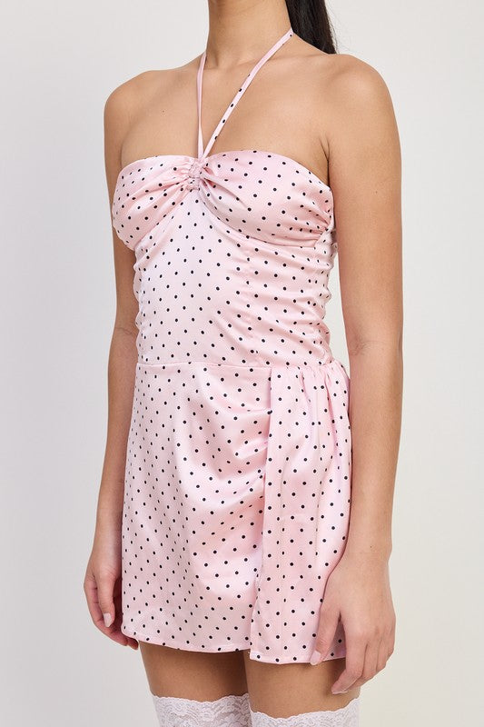 Emory Park Mini Halter Polka Dot Dress in light pink with black dots and gathered bust detail