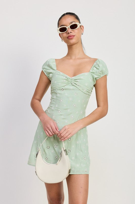 Emory Park Mixed Media Mini Ruched Dress in light green with puff sleeves and eyelet detailing