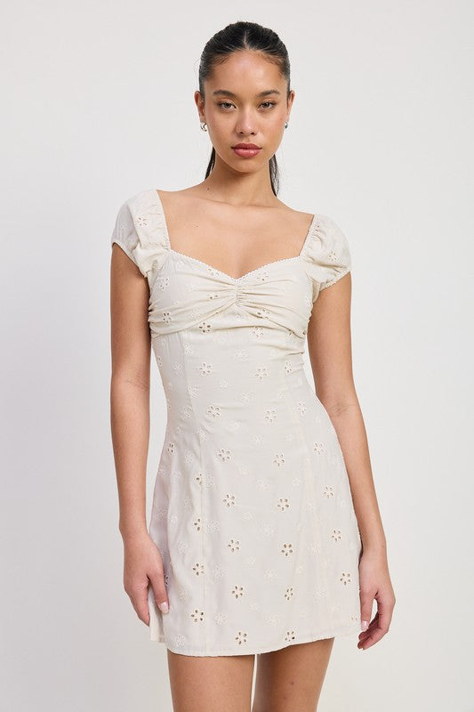 Emory Park Mixed Media Mini Ruched Dress in cream with floral eyelet detailing and puff sleeves