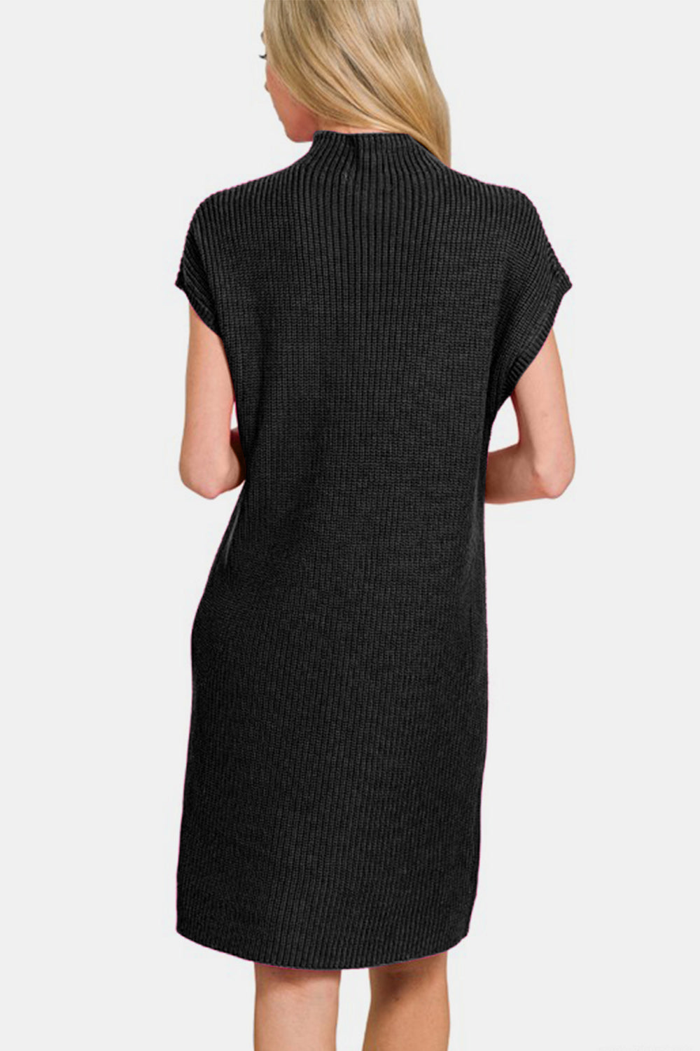Mock Neck Sweater Dress in Black with Short Sleeves and Ribbed Texture