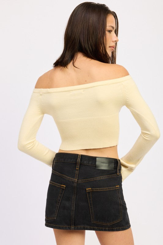 Emory Park Off-Shoulder Cropped Top cream ribbed knit long sleeve shown from back on model
