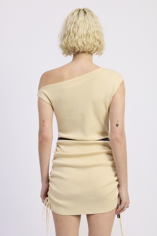 Emory Park off-shoulder mini dress with drawstrings in beige on model seen from back