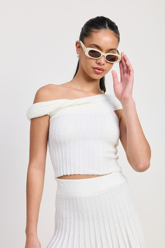 Emory Park white Off The Shoulder Knit Top with ribbed texture worn with matching skirt