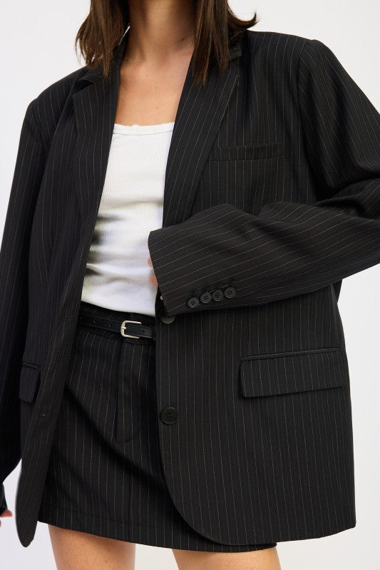 Emory Park Pinstripe Oversize Blazer in black with a relaxed fit and classic pinstripe design