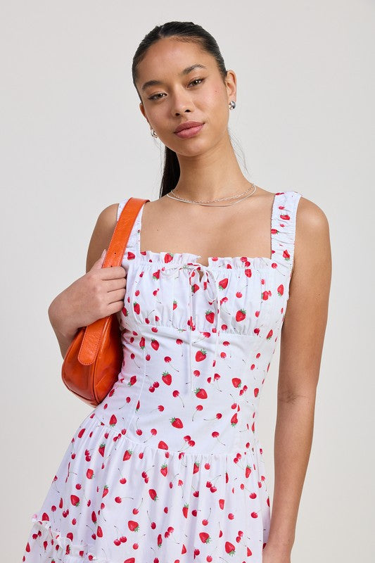Emory Park Poplin Midi A-Line Dress with red floral print and square neckline styled with orange shoulder bag