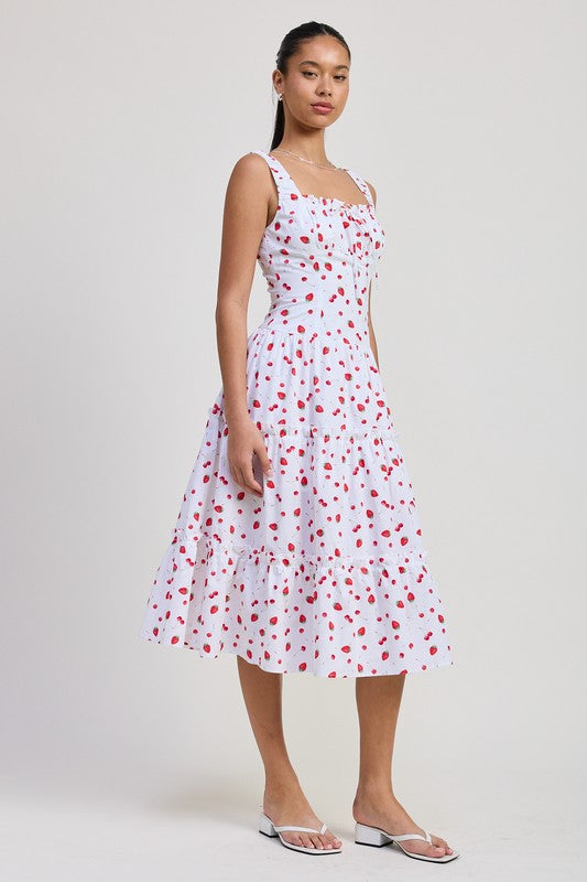 Emory Park Poplin Midi A-Line Dress white with red polka dots worn by model with square neckline