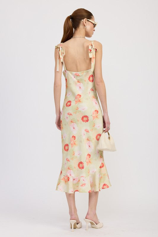 Emory Park Printed Satin Midi Dress With Scoop Neck floral design back view with tie straps and ruffled hem