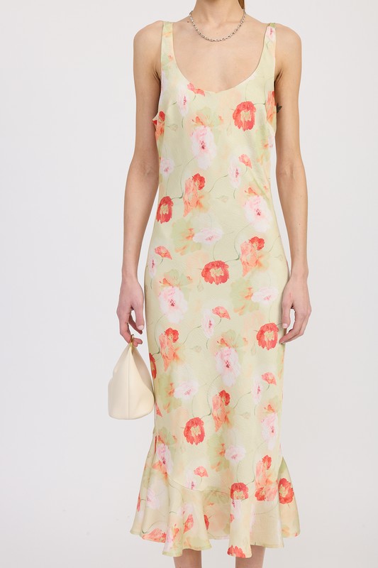 Emory Park Printed Satin Midi Dress With Scoop Neck in pastel floral pattern worn with a small beige handbag