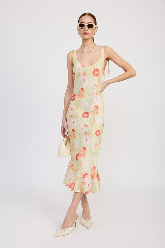Emory Park Printed Satin Midi Dress With Scoop Neck in pastel floral print styled with white heels and sunglasses