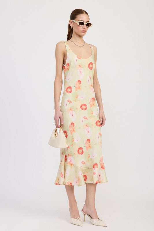 Emory Park printed satin midi dress with scoop neck in pastel floral print worn with sunglasses and small handbag