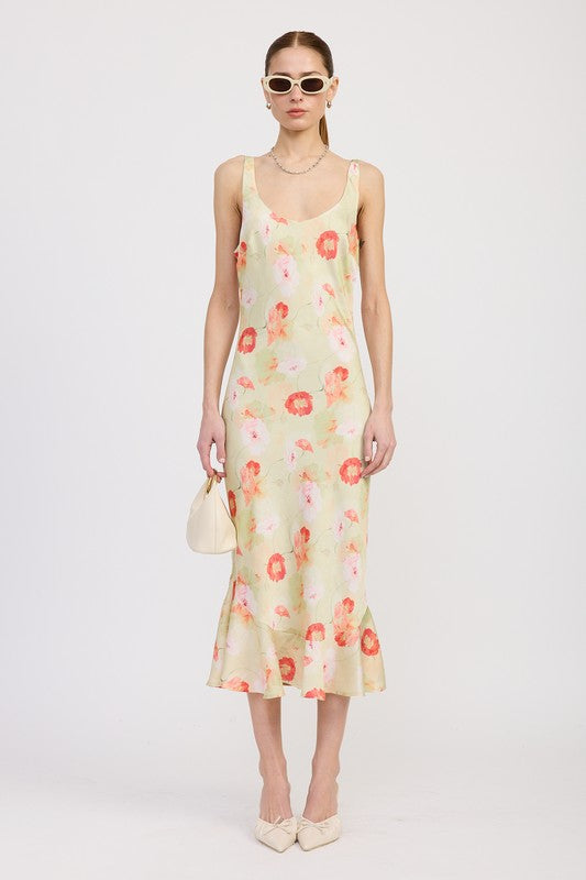 Emory Park Printed Satin Midi Dress With Scoop Neck featuring floral pattern and a fitted silhouette