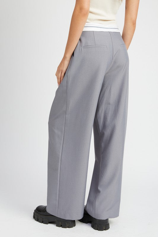 Emory Park Reverse Waist Band Tailored Pants in gray with wide legs and back pockets