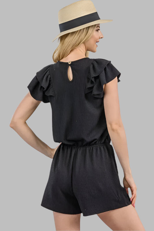 Back view of the Ribbed Flutter Sleeve Romper in black with ruffled sleeves and keyhole detail