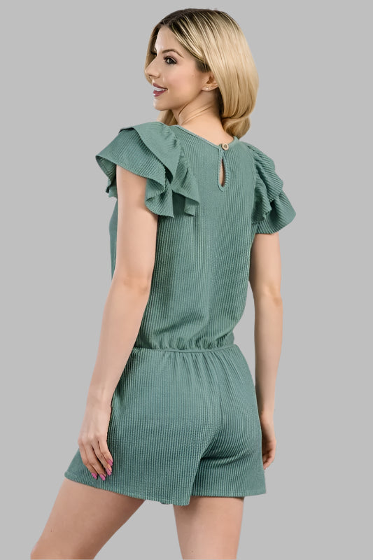 Back view of a Ribbed Flutter Sleeve Romper in green with ruffled sleeves and elastic waist