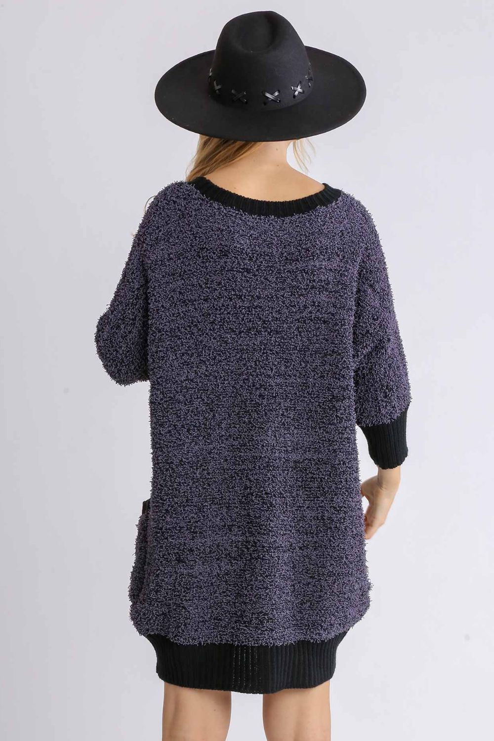 Ribbed Hem Sweater Dress in purple with oversized fit and stylish black hat