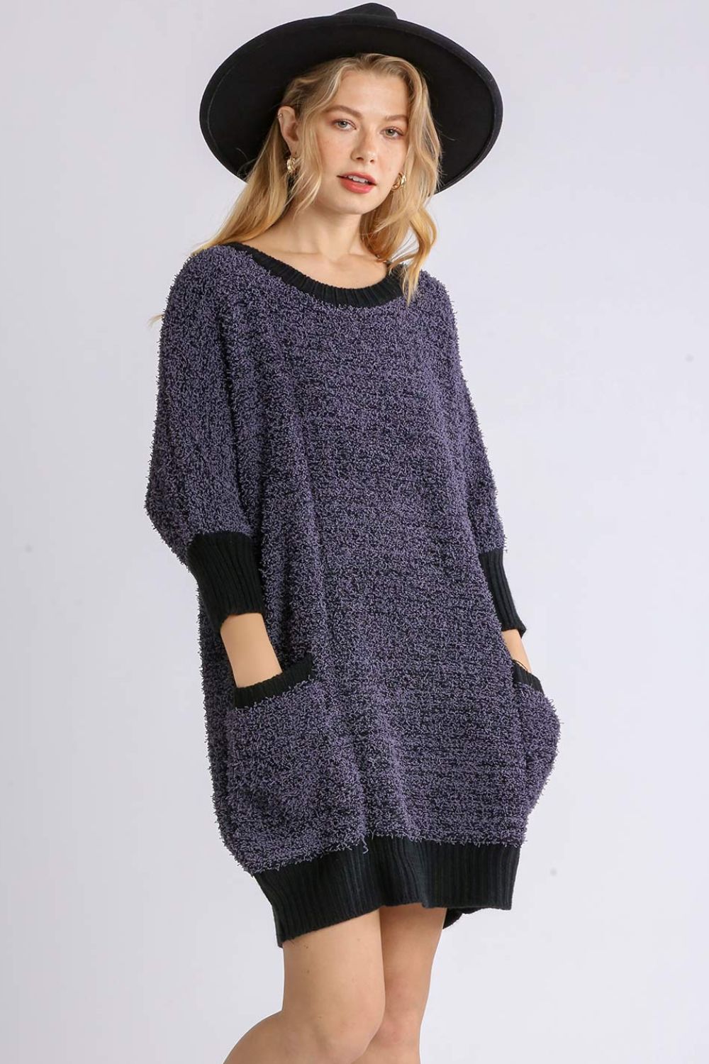 Ribbed Hem Sweater Dress in Purple with Front Pockets and Loose Fit for Casual Style
