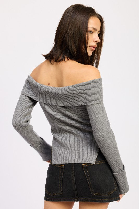 Emory Park gray Ribbed Off-Shoulder Sweater With Zipper on model showing back foldover neckline