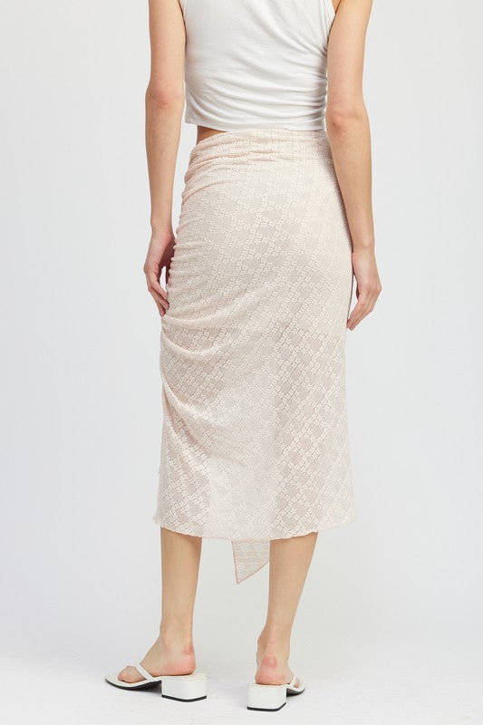 Emory Park Ruched Lace Skirt With High Slit in beige worn with white tank top and sandals