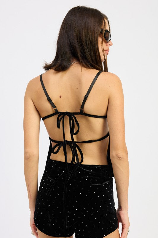 Emory Park Ruched Velvet Top With Rhinestones featuring a stylish back tie design