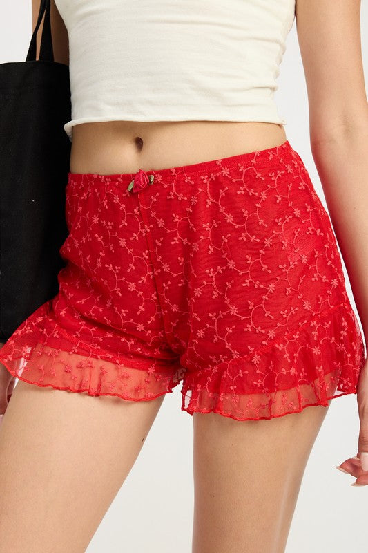 Emory Park red Ruffle Jersey Shorts with floral embroidery and delicate ruffle hem detail