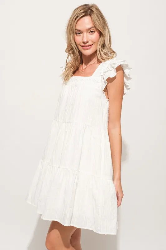 Ruffled Sleeve Tiered Dress in White with a Flowy and Comfortable Fit