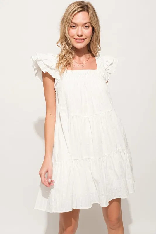 Ruffled Sleeve Tiered Dress in White with Flowy Design and Sweetheart Neckline