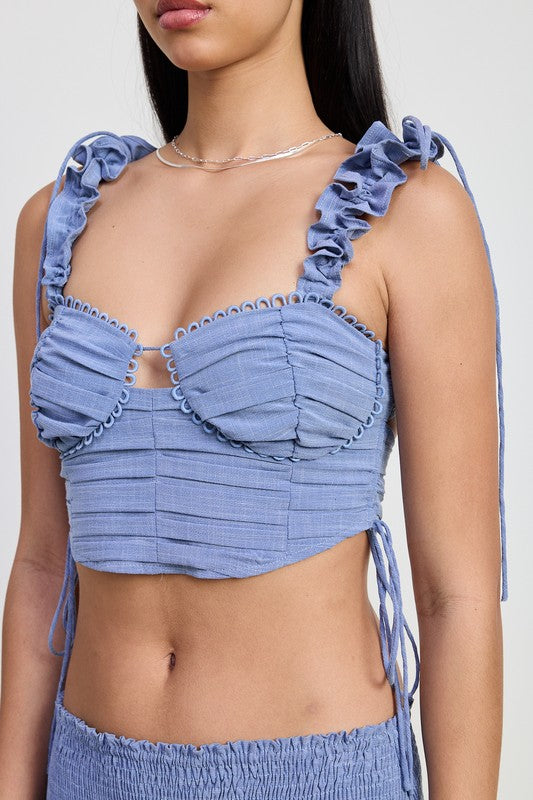 Emory Park blue Ruffled Tie Back Top With Open Back featuring ruffle straps and textured fabric