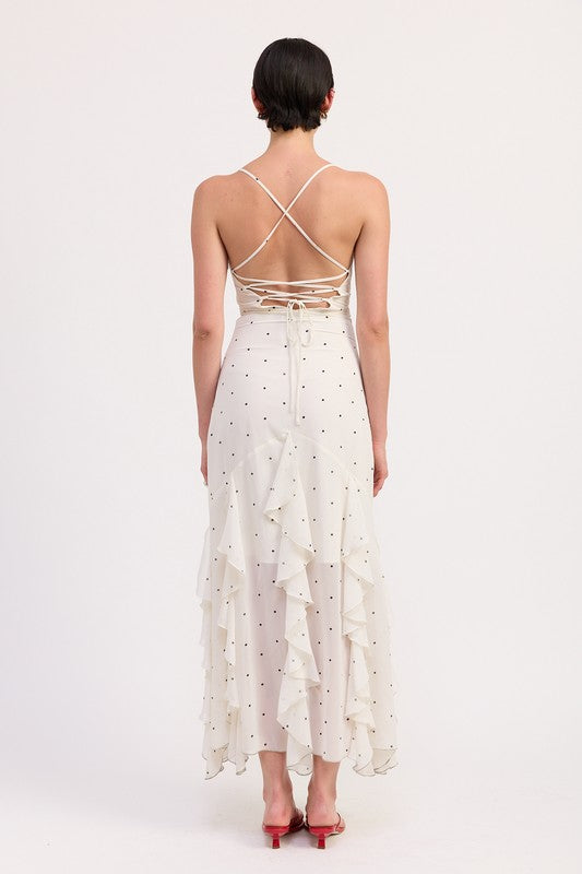 Emory Park Ruffled Wrap Maxi Dress With Cross Back in white with black polka dots and tiered ruffles