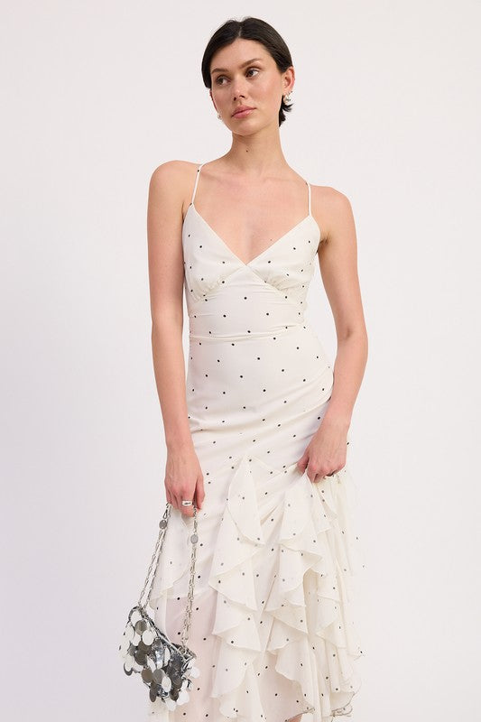 Emory Park Ruffled Wrap Maxi Dress With Cross Back in white with black polka dots and layered ruffle skirt
