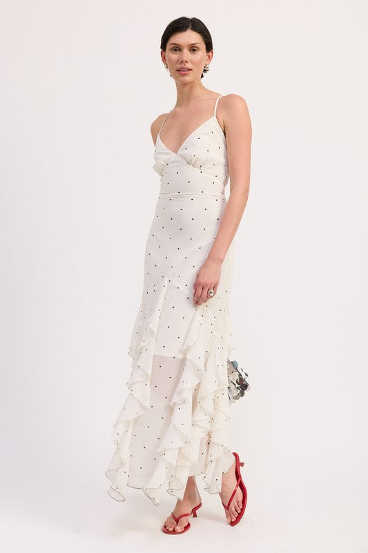 Emory Park Ruffled Wrap Maxi Dress With Cross Back in white with black dots and ruffle details