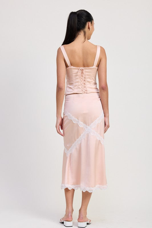 Emory Park Satin Bustier Top With Lace Detail in blush pink with lace-up back and matching skirt