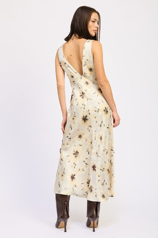 Emory Park V-Neck Floral Midi Bias Dress shown from back on model cream floral midi with low V back and brown boots