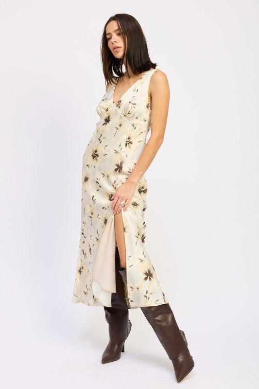 Emory Park V-Neck Floral Midi Bias Dress in cream floral print sleeveless with side slit and midi length